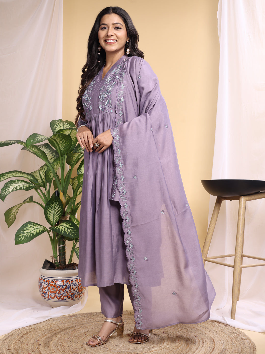 purple roman silk embroidery kurta set