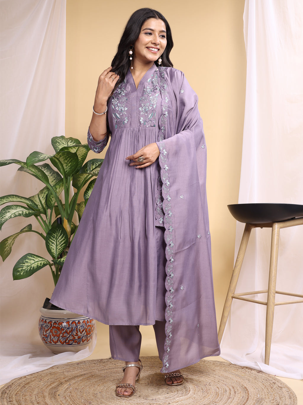 purple roman silk embroidery kurta set