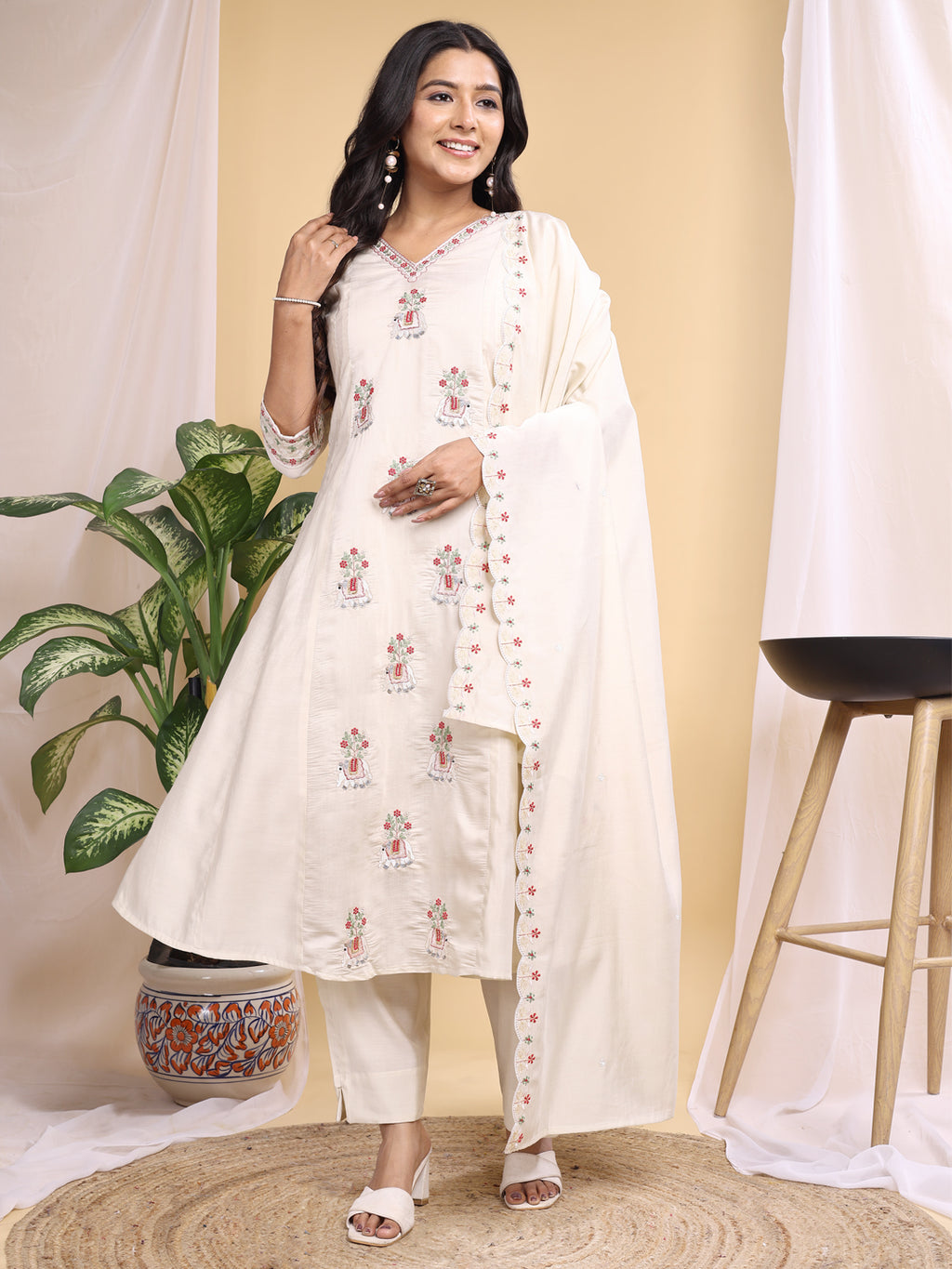 cream silk embroidery with hand work kurta set