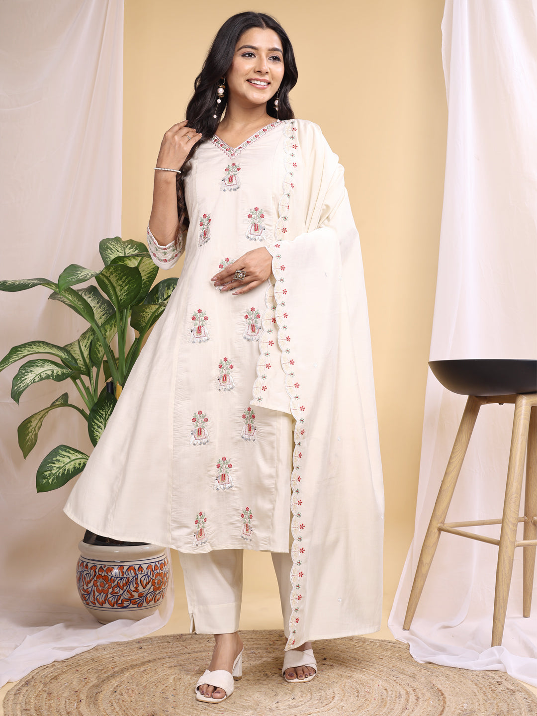 cream silk embroidery with hand work kurta set