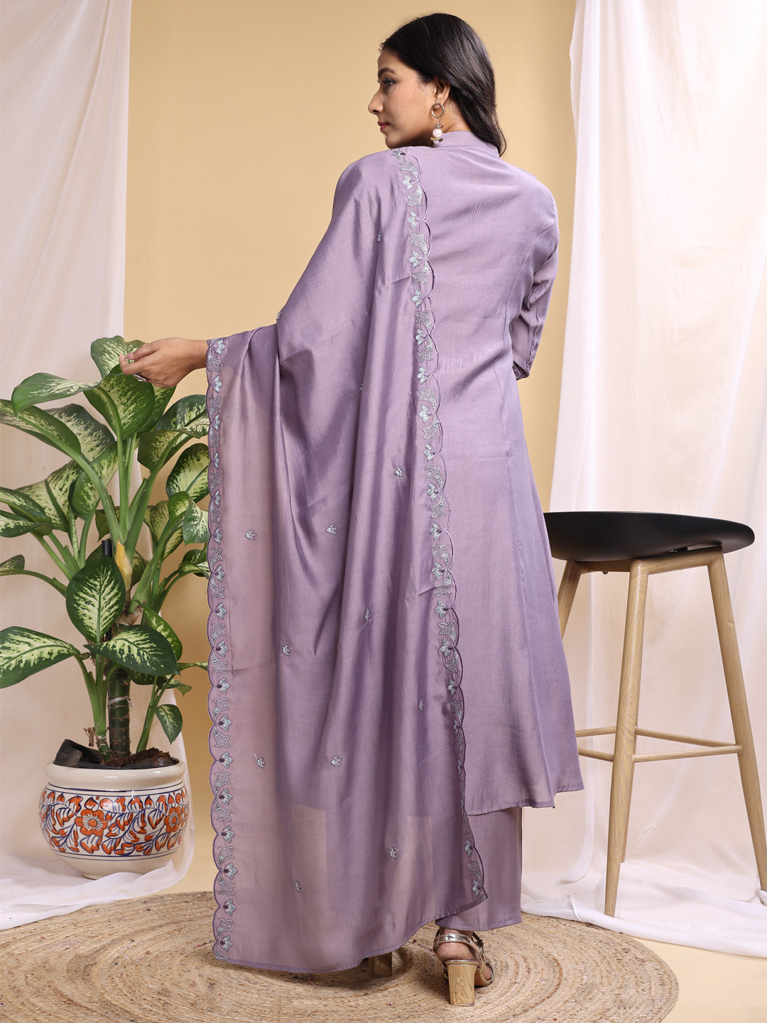 purple roman silk embroidery kurta set