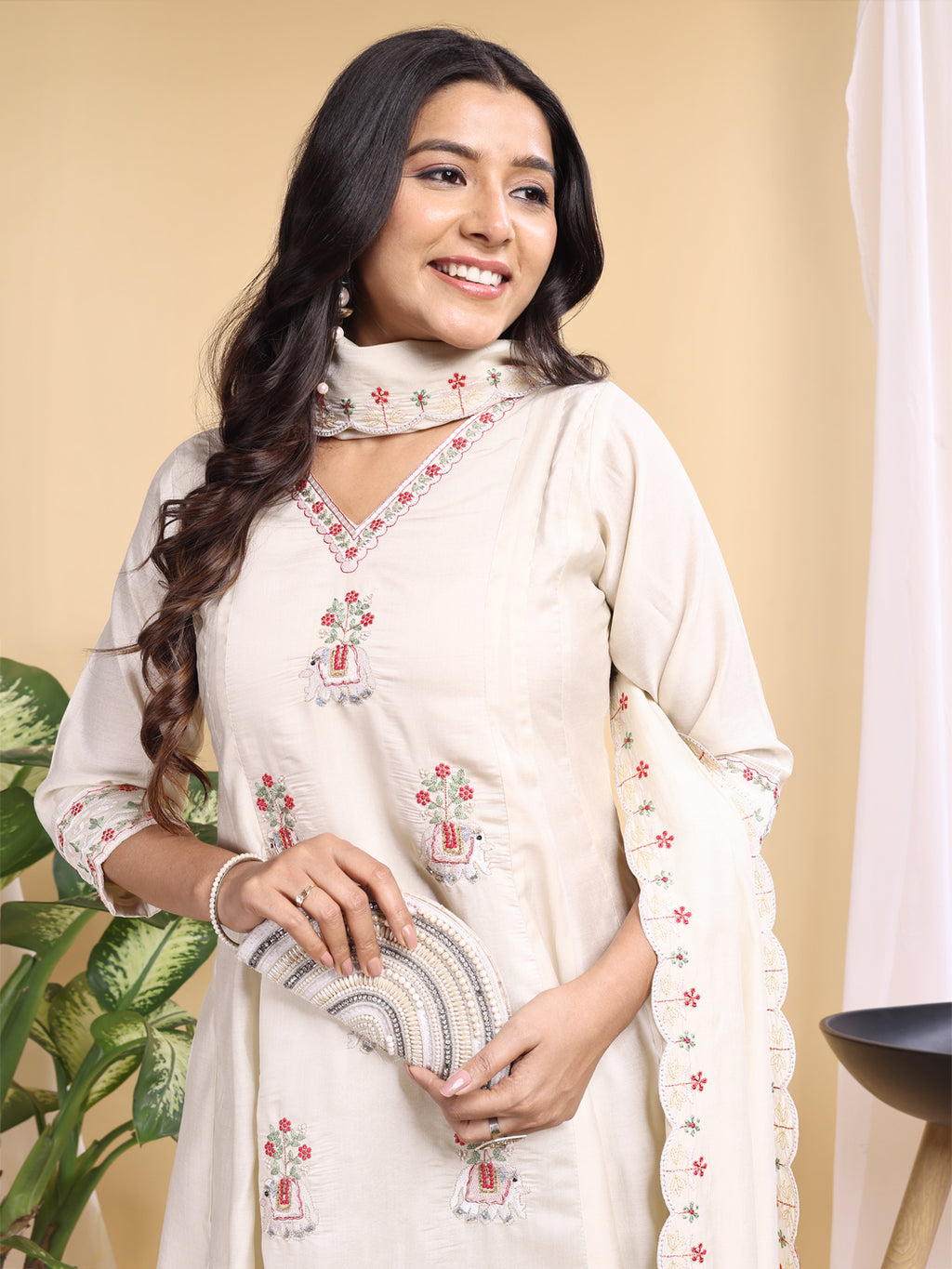 cream silk embroidery with hand work kurta set