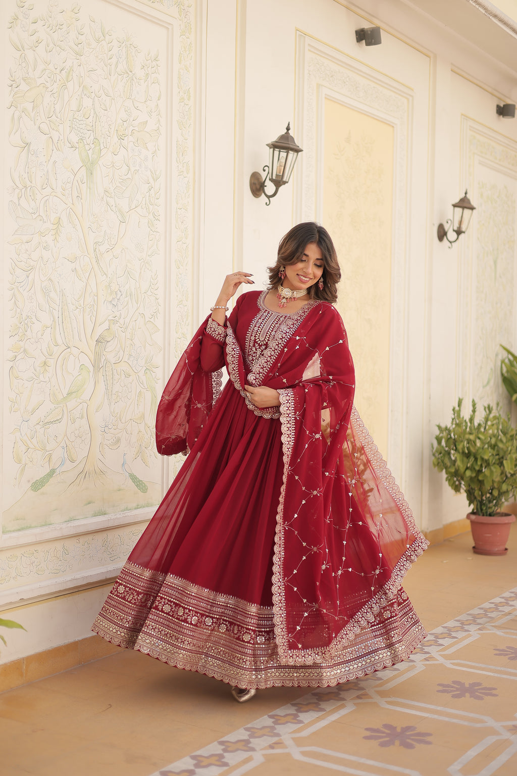 maroon embroidered gown 