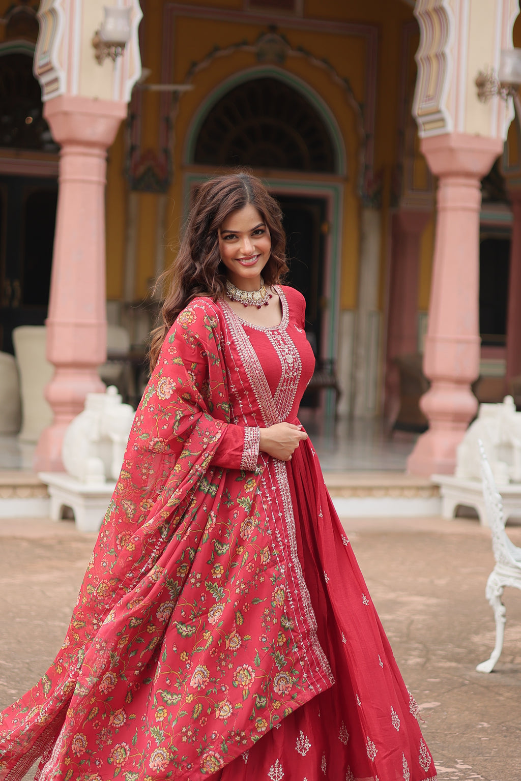 maroon embroidered gown with dupatta 