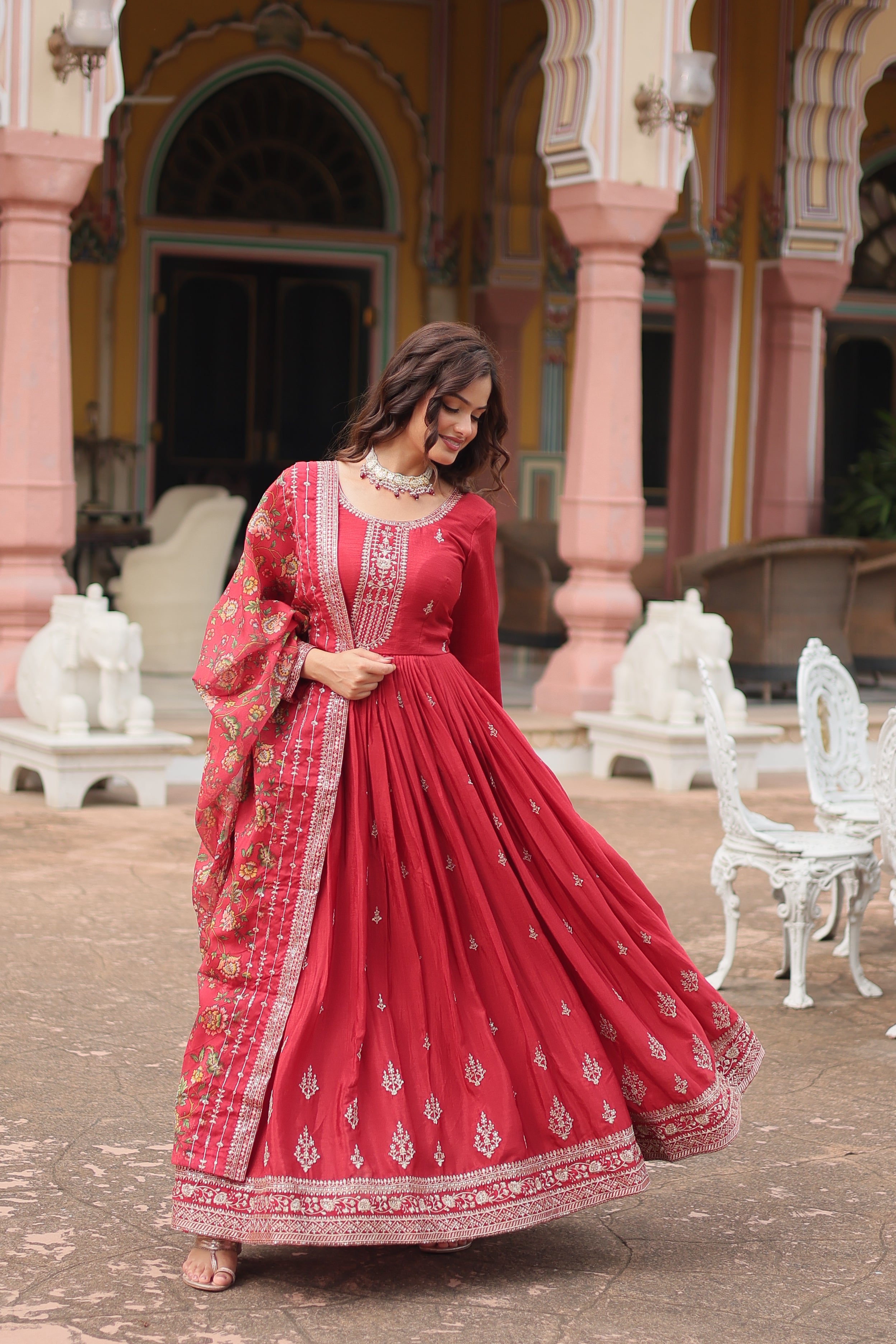 maroon embroidered gown with dupatta 