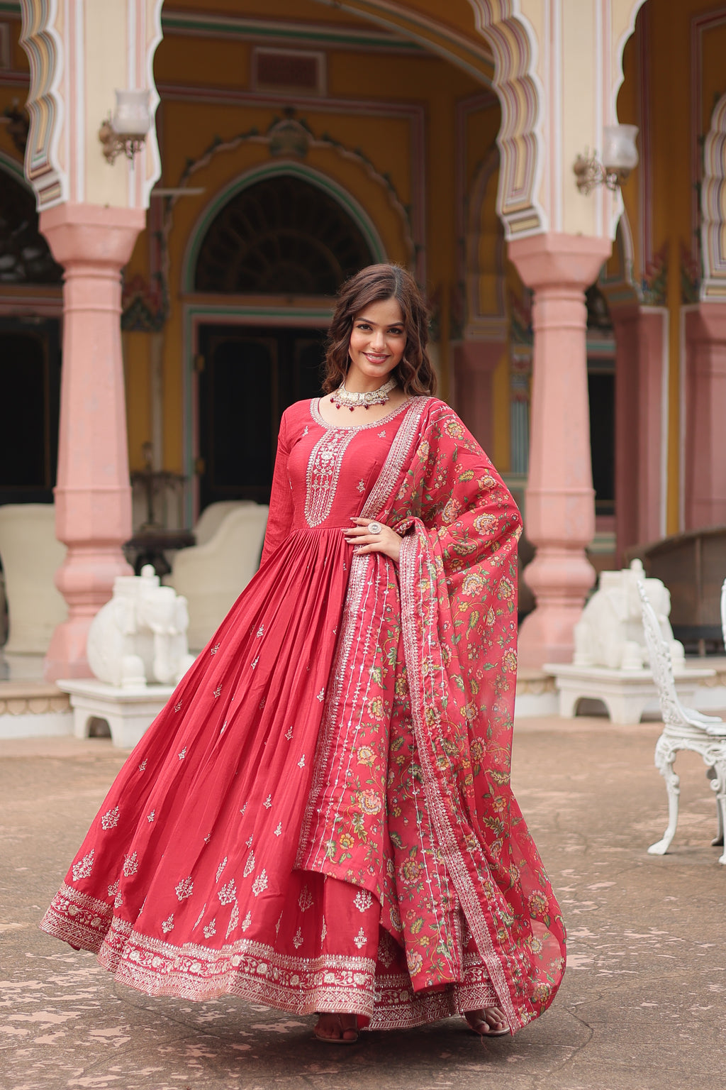 maroon embroidered gown with dupatta 
