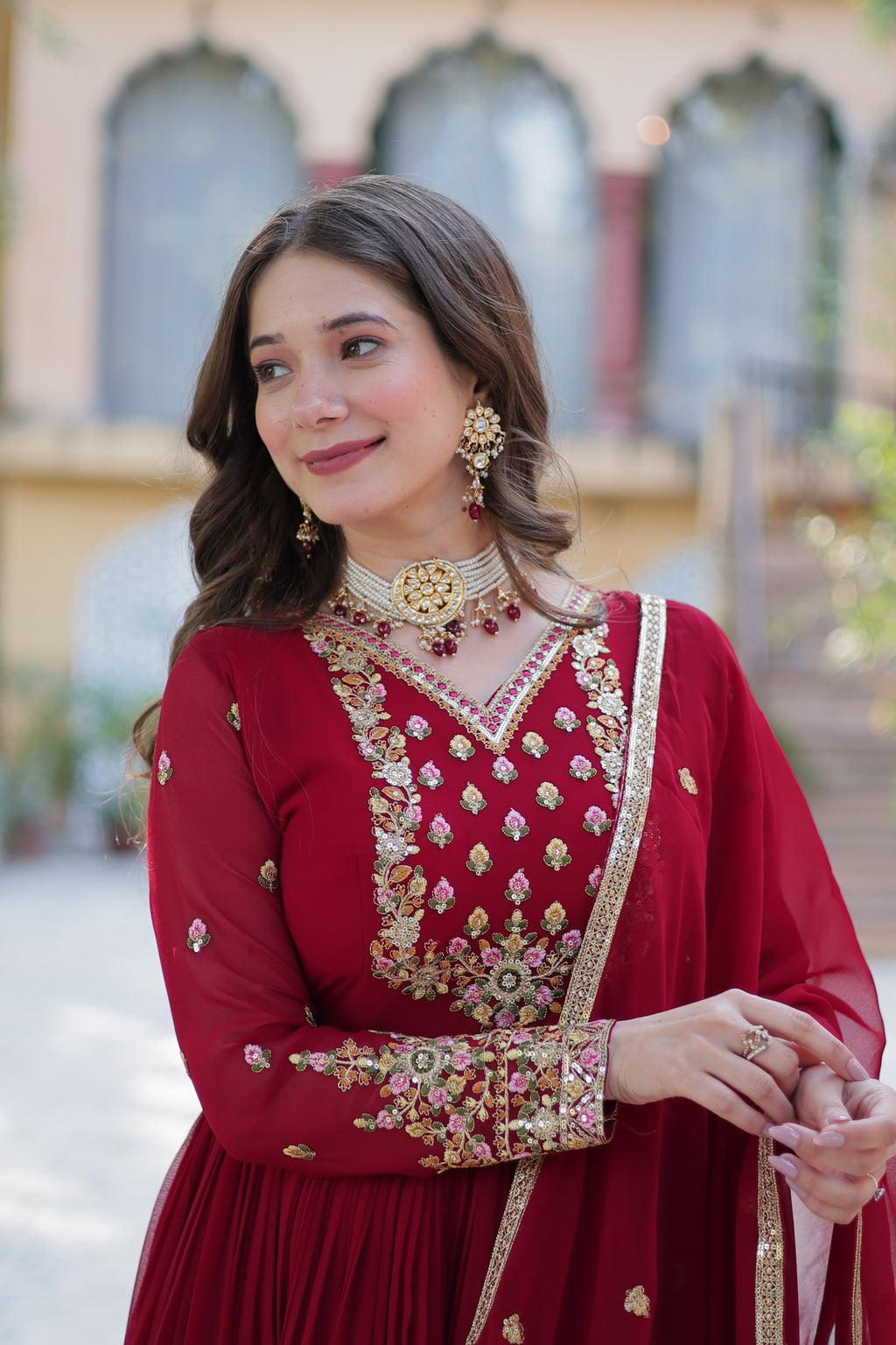 maroon gown with dupatta 