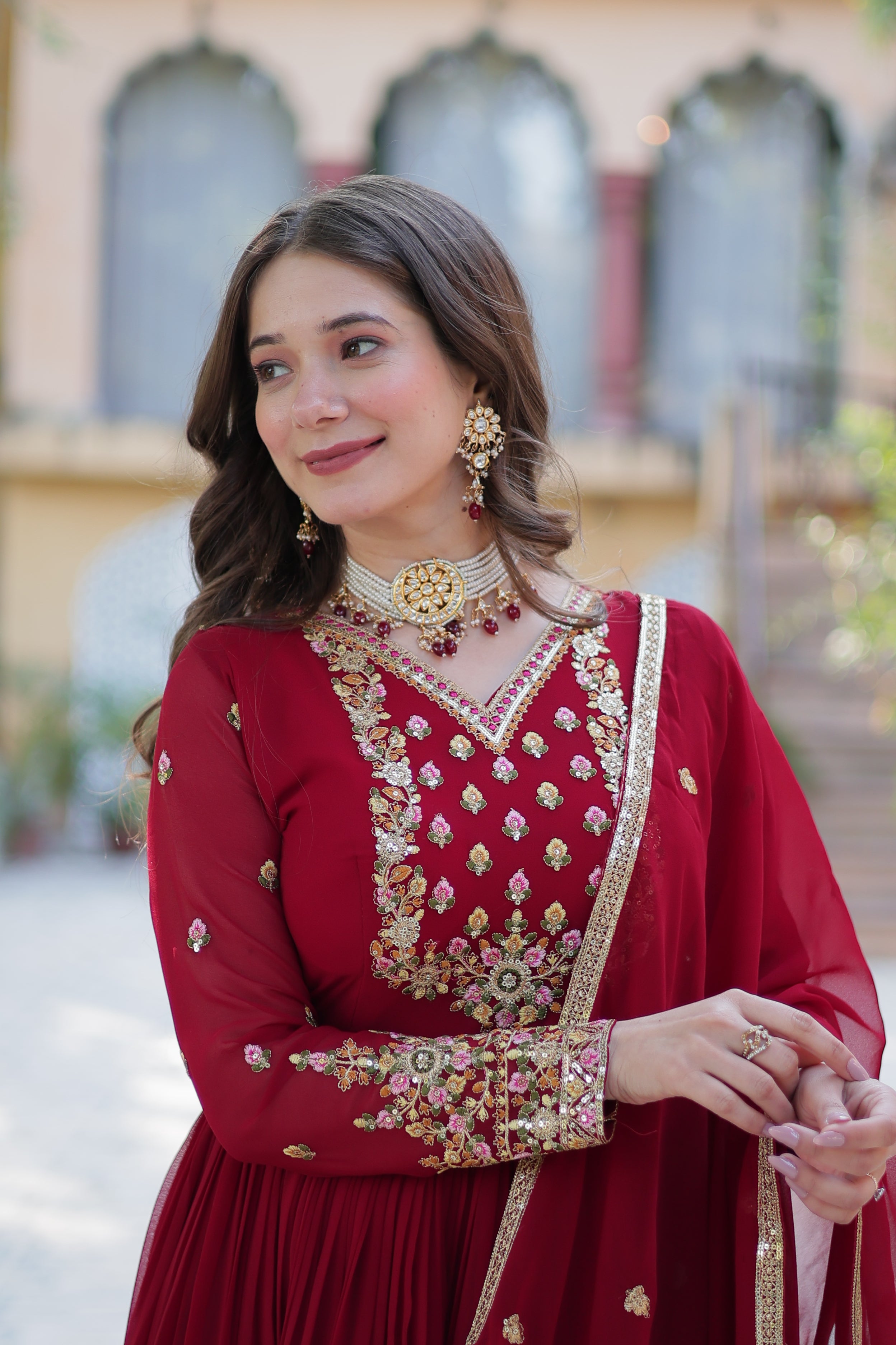 maroon gown with dupatta 