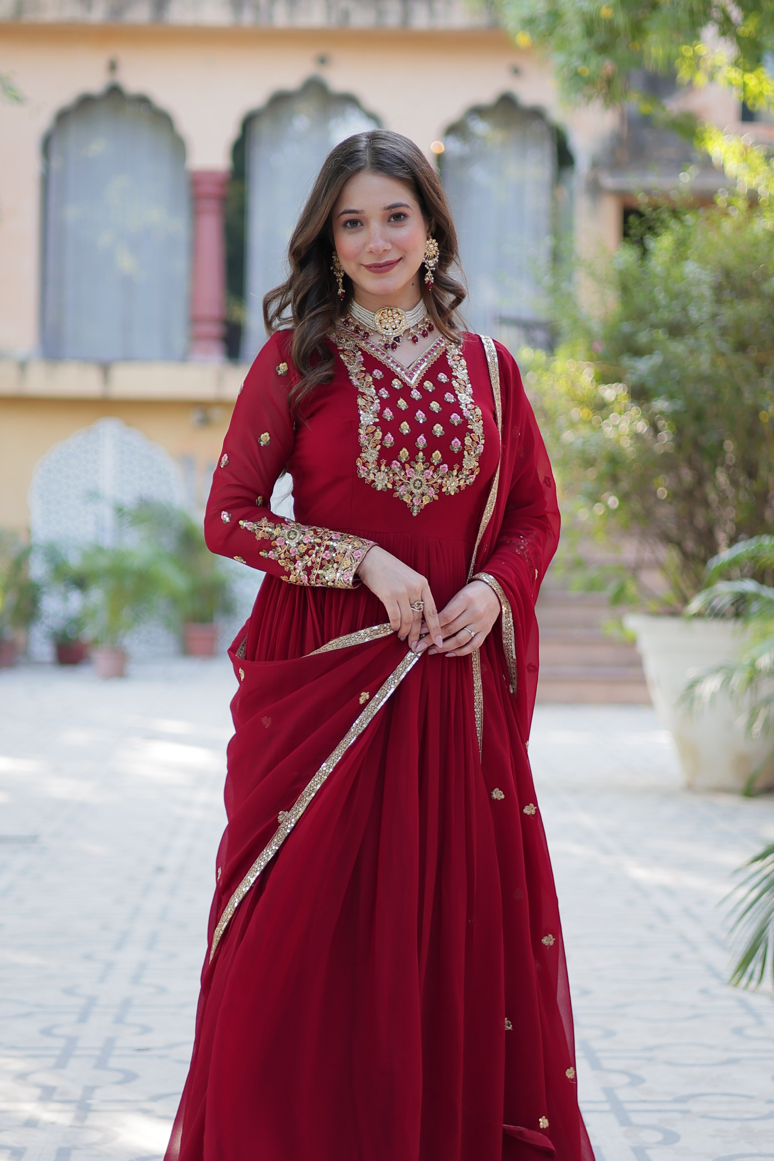 maroon gown with dupatta 