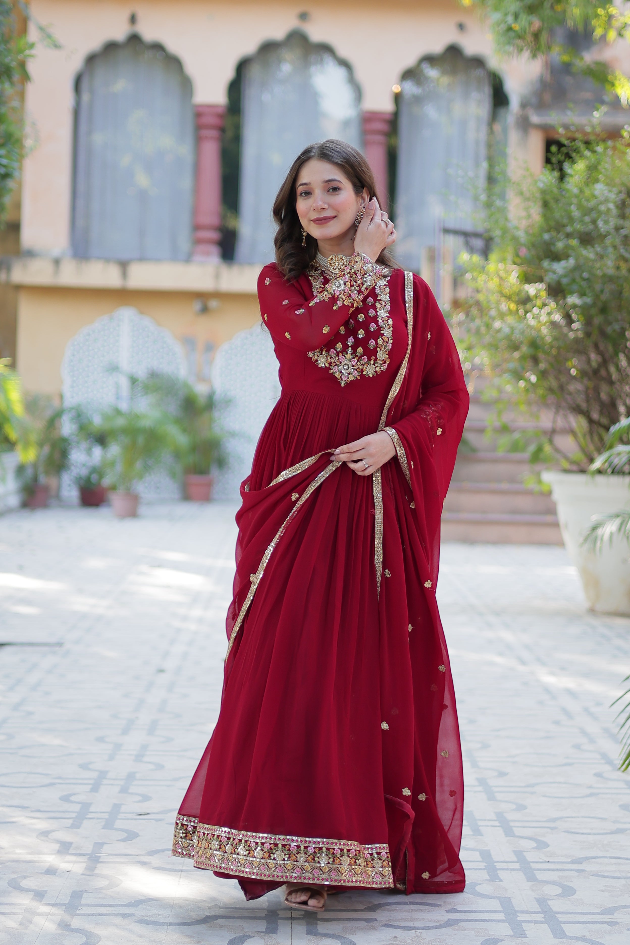 maroon gown with dupatta 