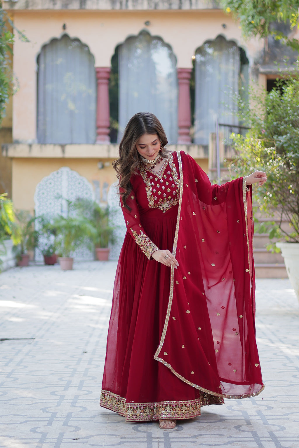 maroon gown with dupatta 