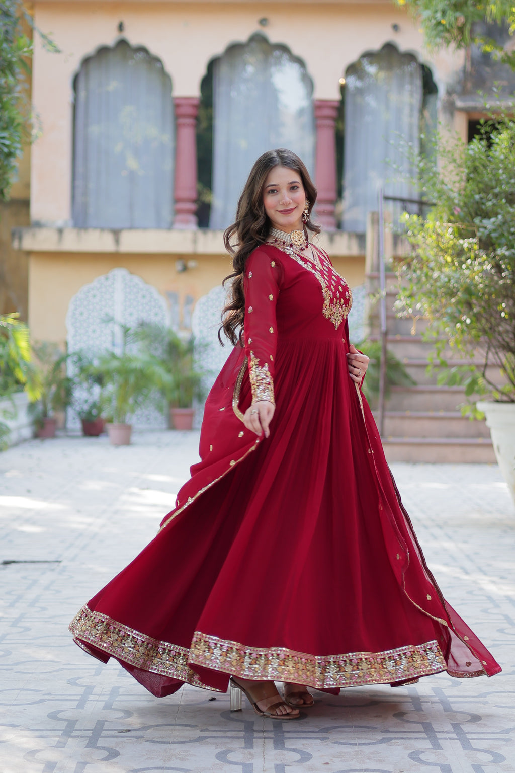 maroon gown with dupatta 