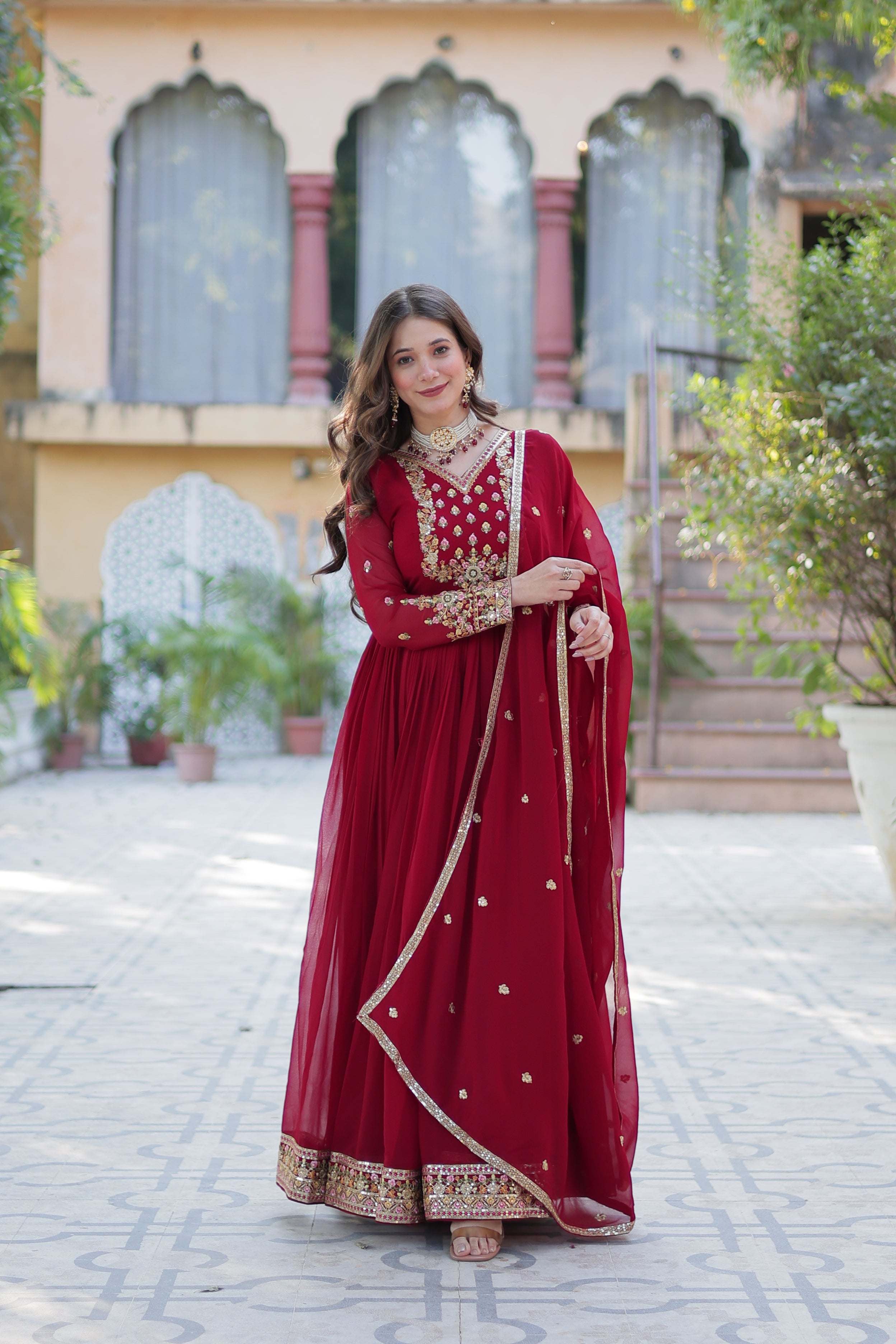 maroon gown with dupatta main
