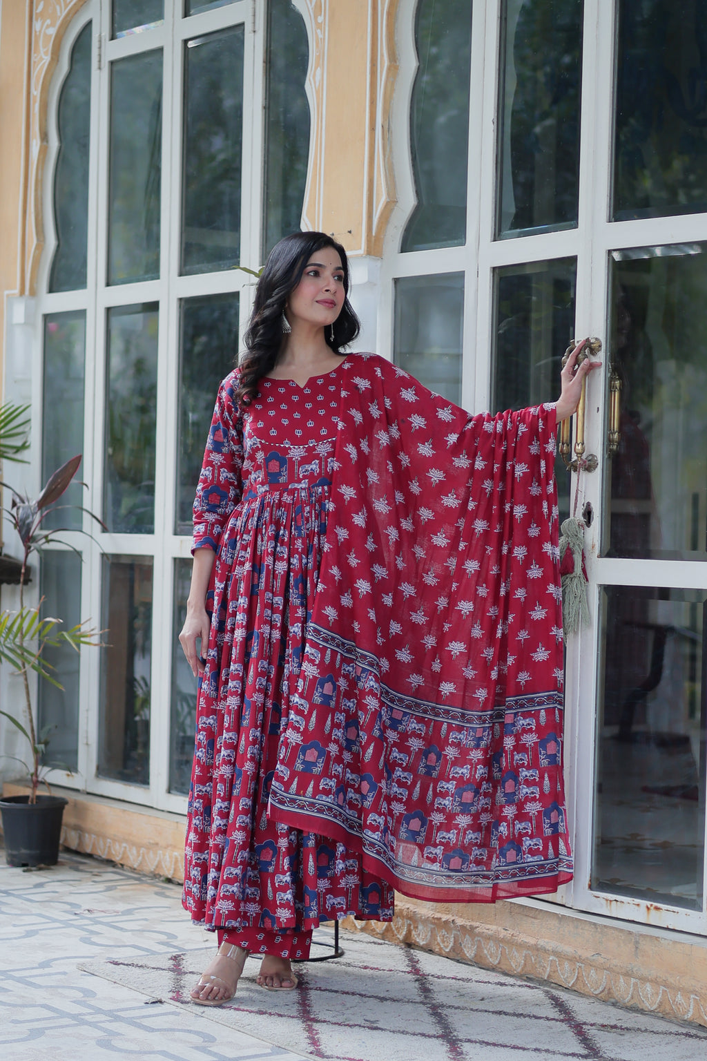 maroon long kurta plazo 