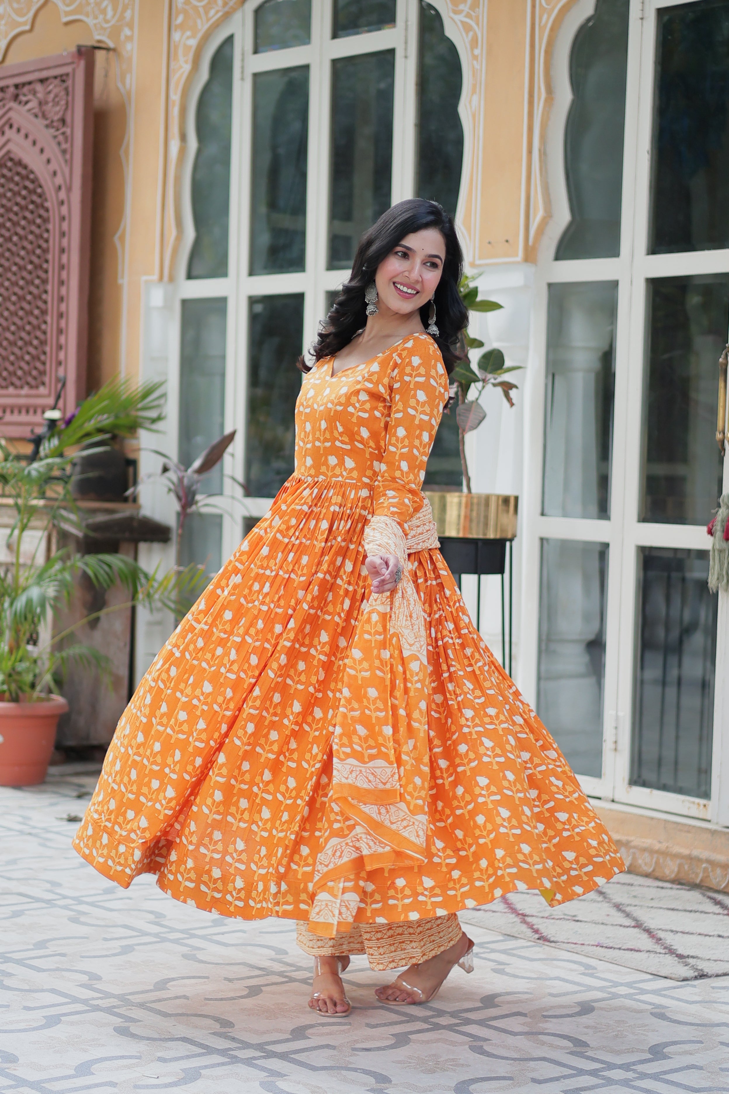 orange cotton kurta sets with dupatta 