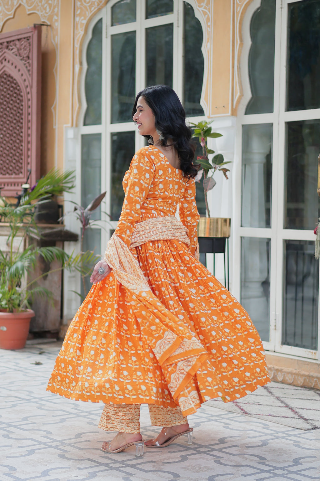 orange cotton kurta sets with dupatta 