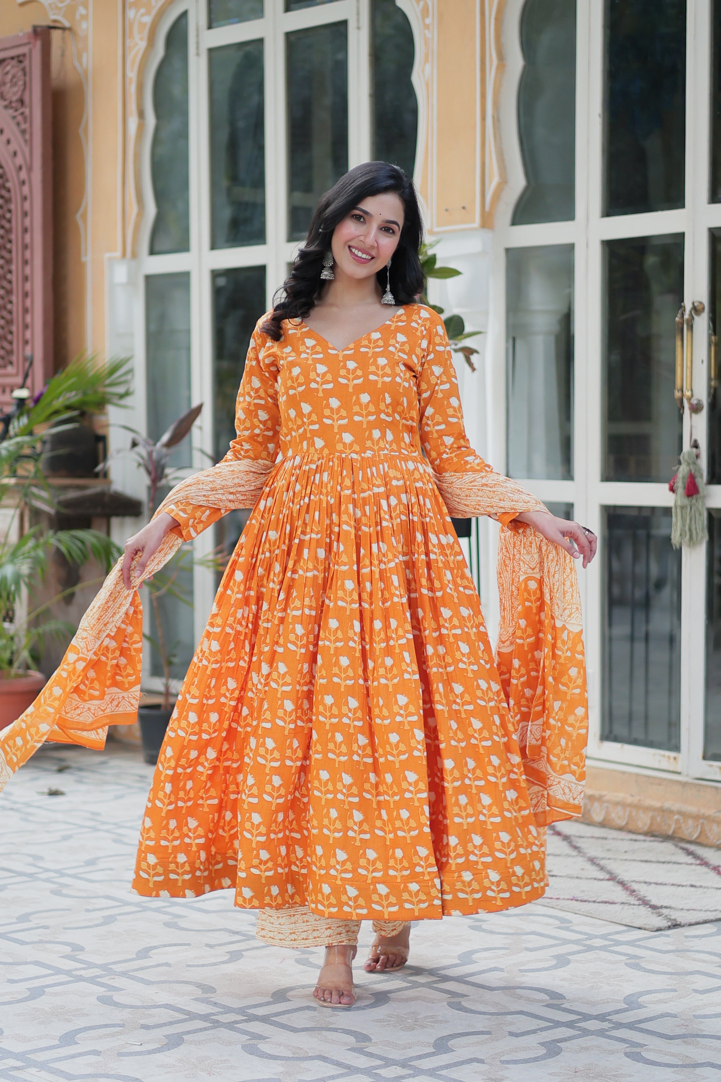 orange cotton kurta sets with dupatta 