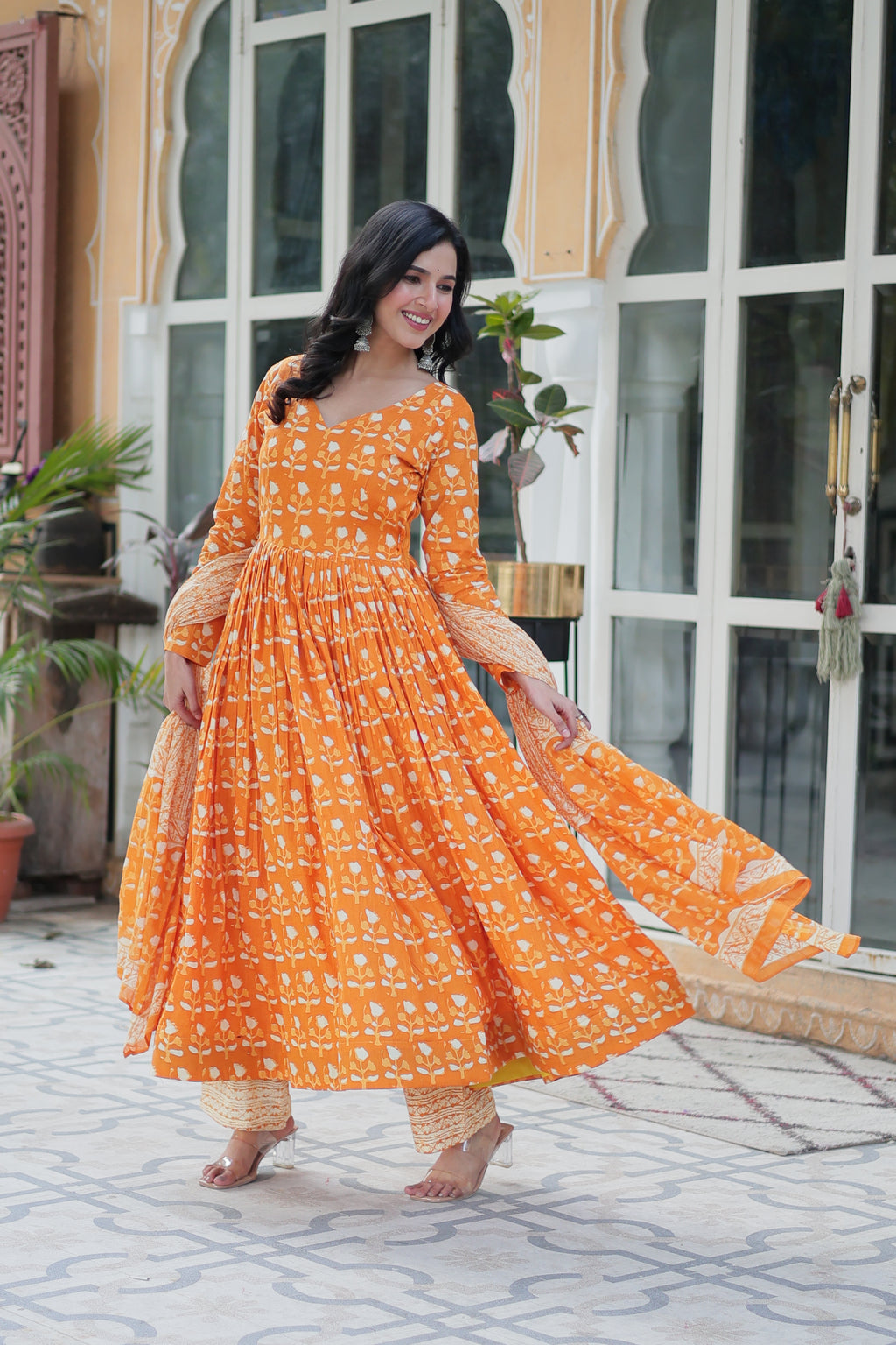 orange cotton kurta sets with dupatta 