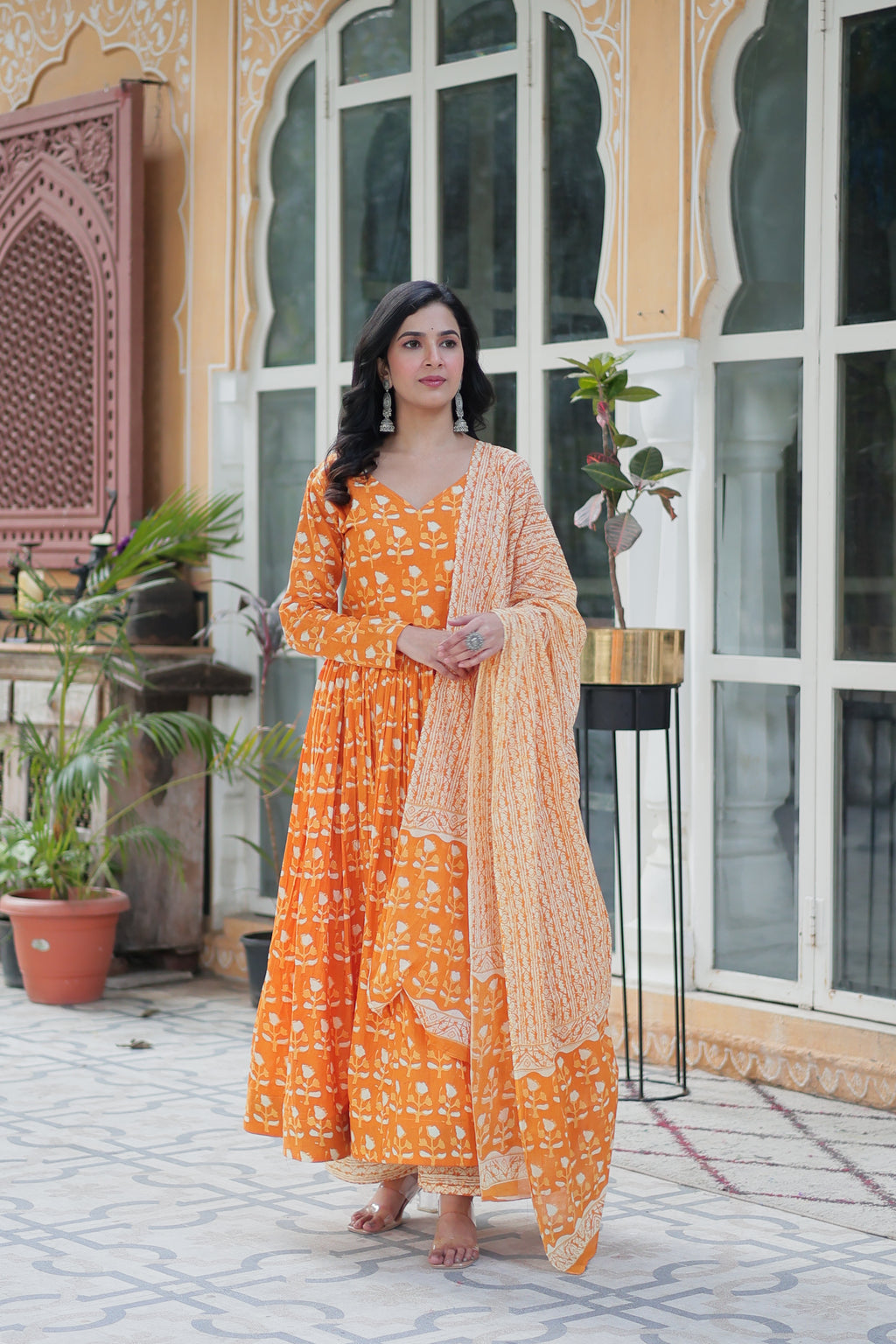 orange cotton kurta sets with dupatta 