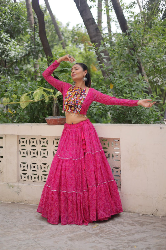 Georgette Bandhej Print with Gotta Patti Lace Work  lehenga choli