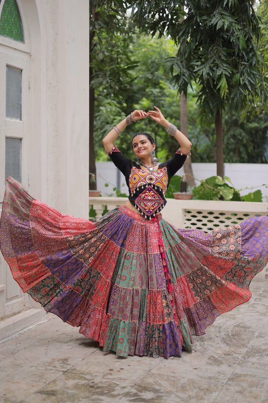 Multicolor Cotton Print with With Gotta lace Work Lehenga choli For Garba