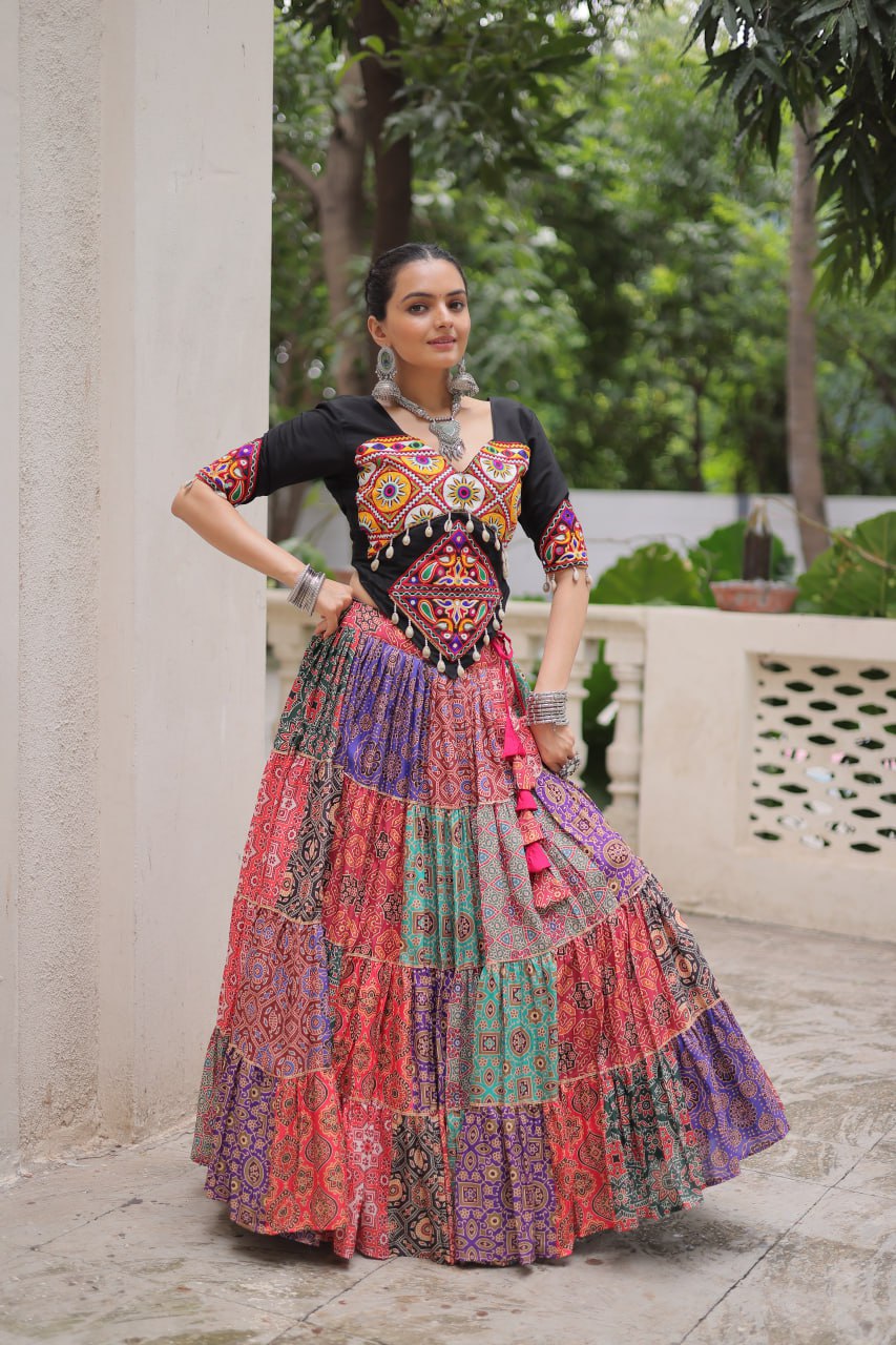 Multicolor Cotton Print with With Gotta lace Work Lehenga choli For Garba