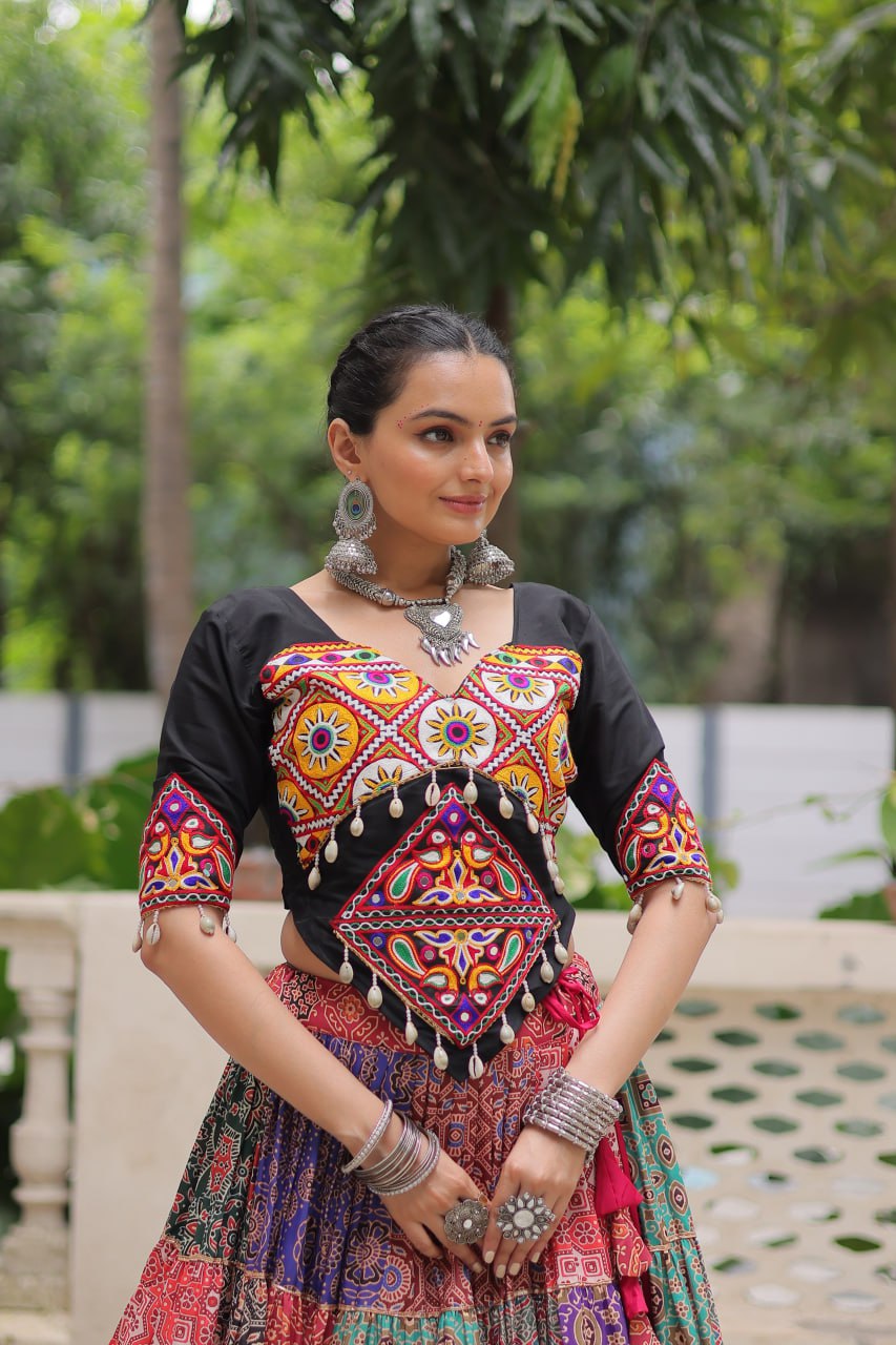 Multicolor Cotton Print with With Gotta lace Work Lehenga choli For Garba