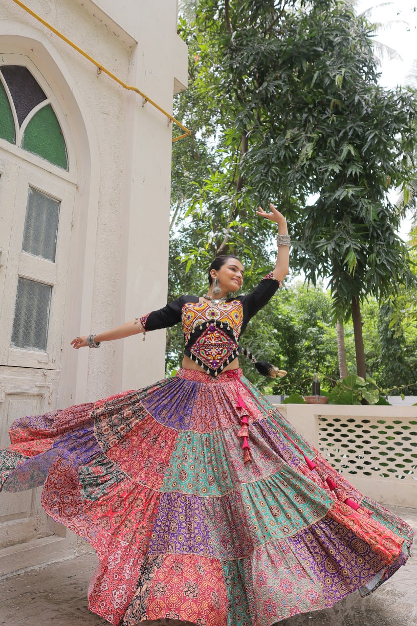 Multicolor Cotton Print with With Gotta lace Work Lehenga choli For Garba