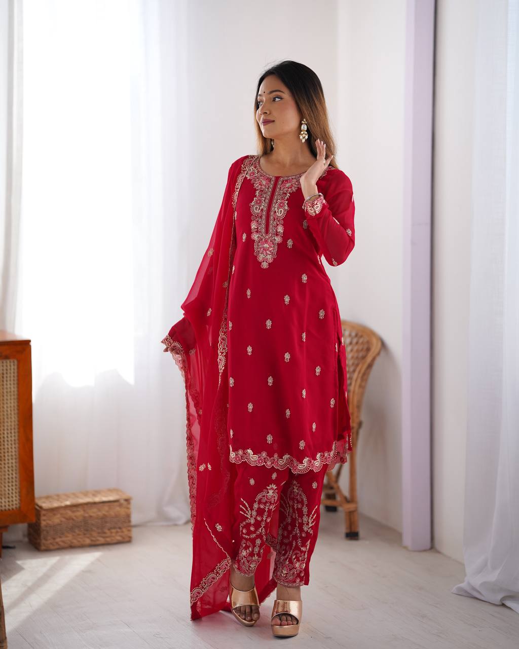 Red Kurta Pant Set For Women
