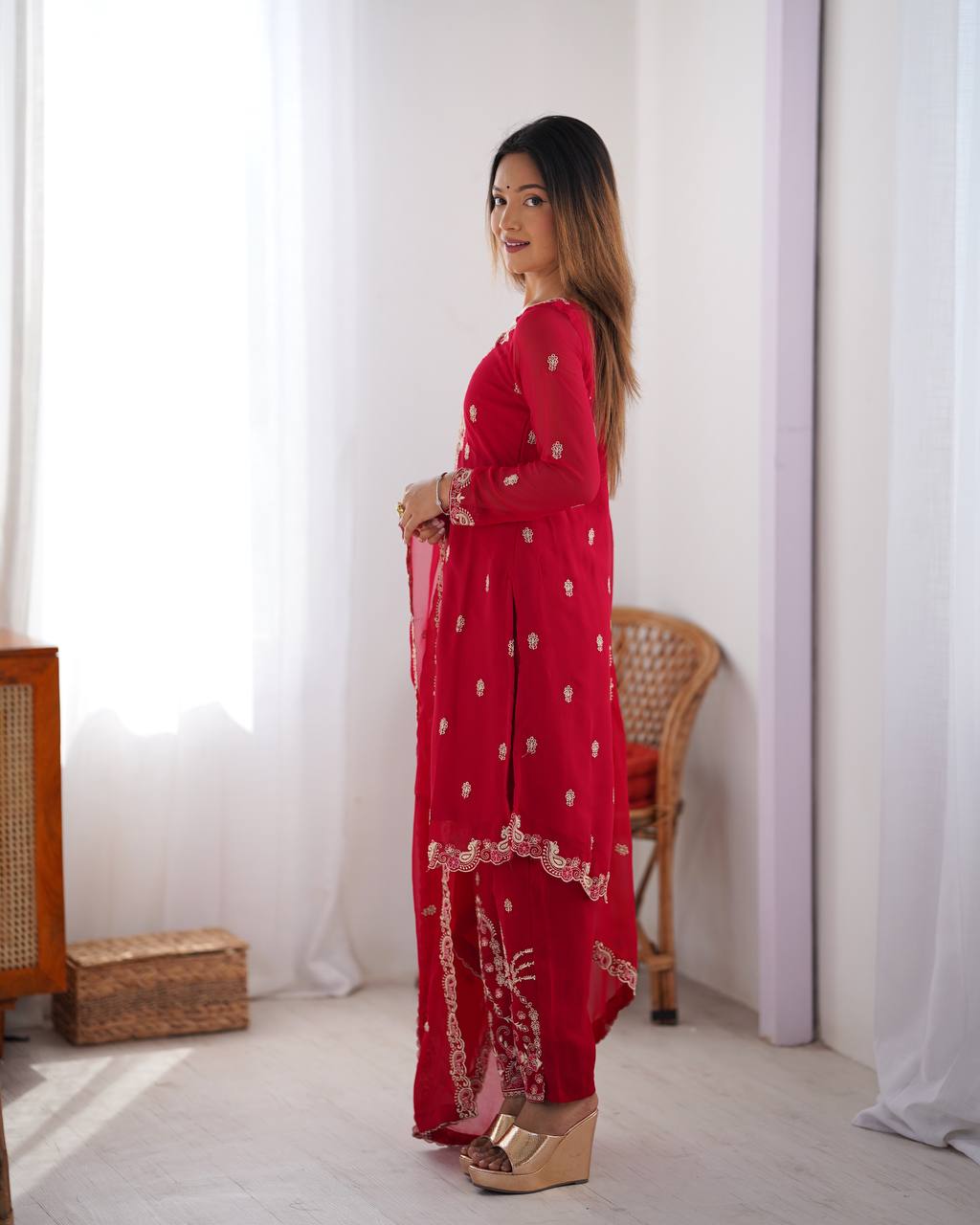 Red Kurta Pant Set For Women