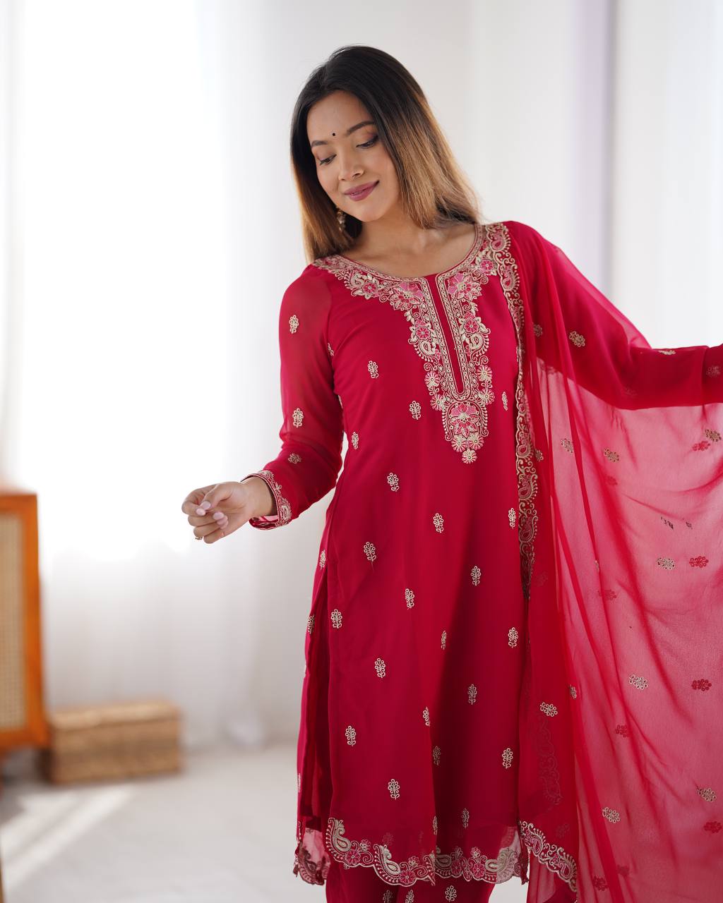 Red Kurta Pant Set For Women