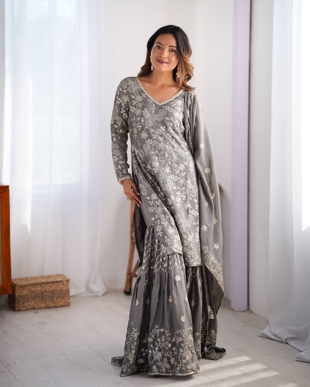 Grey Festive Sharara Suit