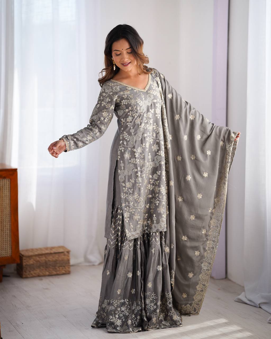 Grey Festive Sharara Suit
