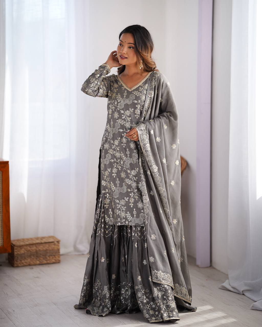 Grey Festive Sharara Suit