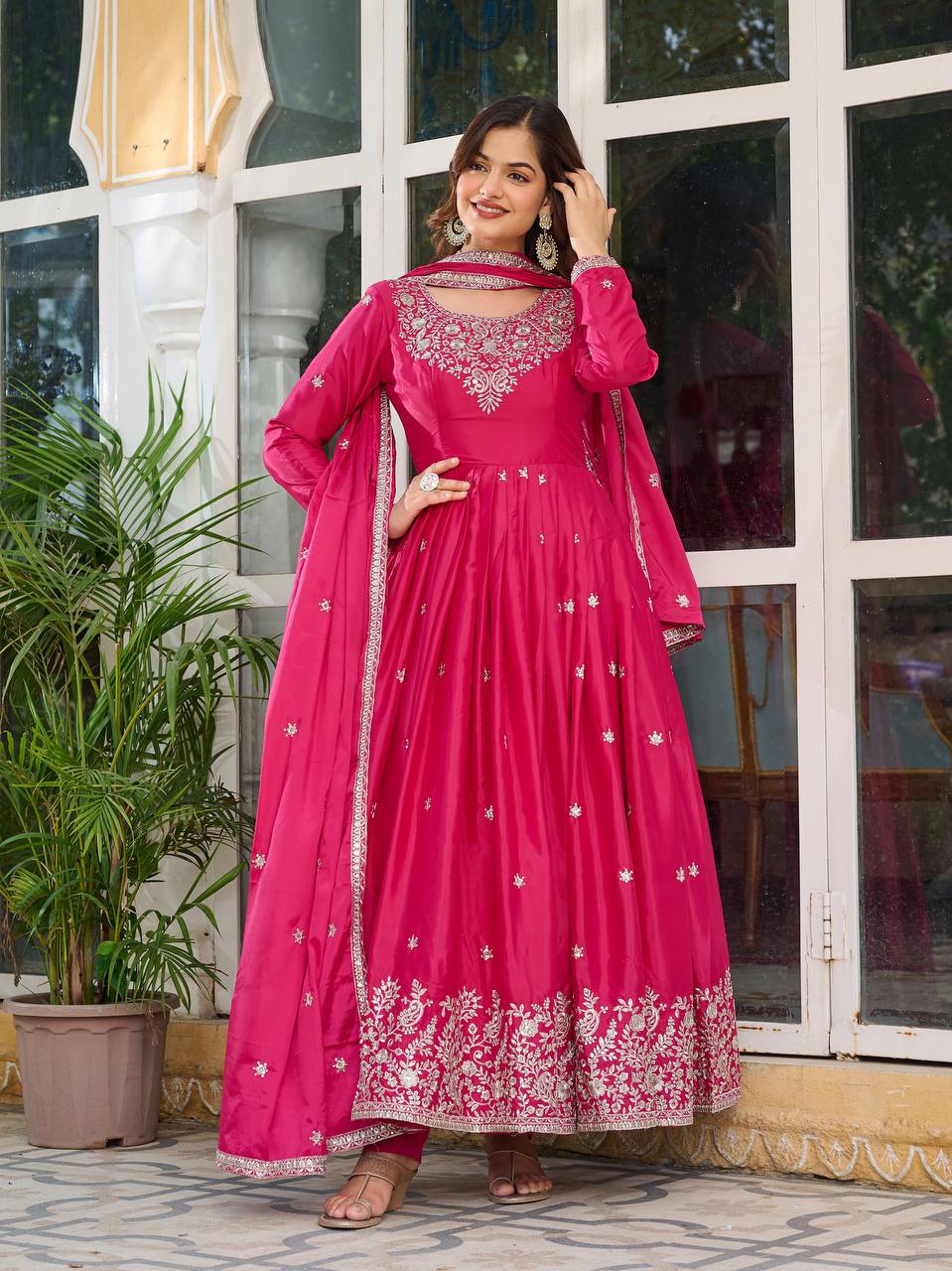 Pink Silk Anarkali Suit Set With Dupatta