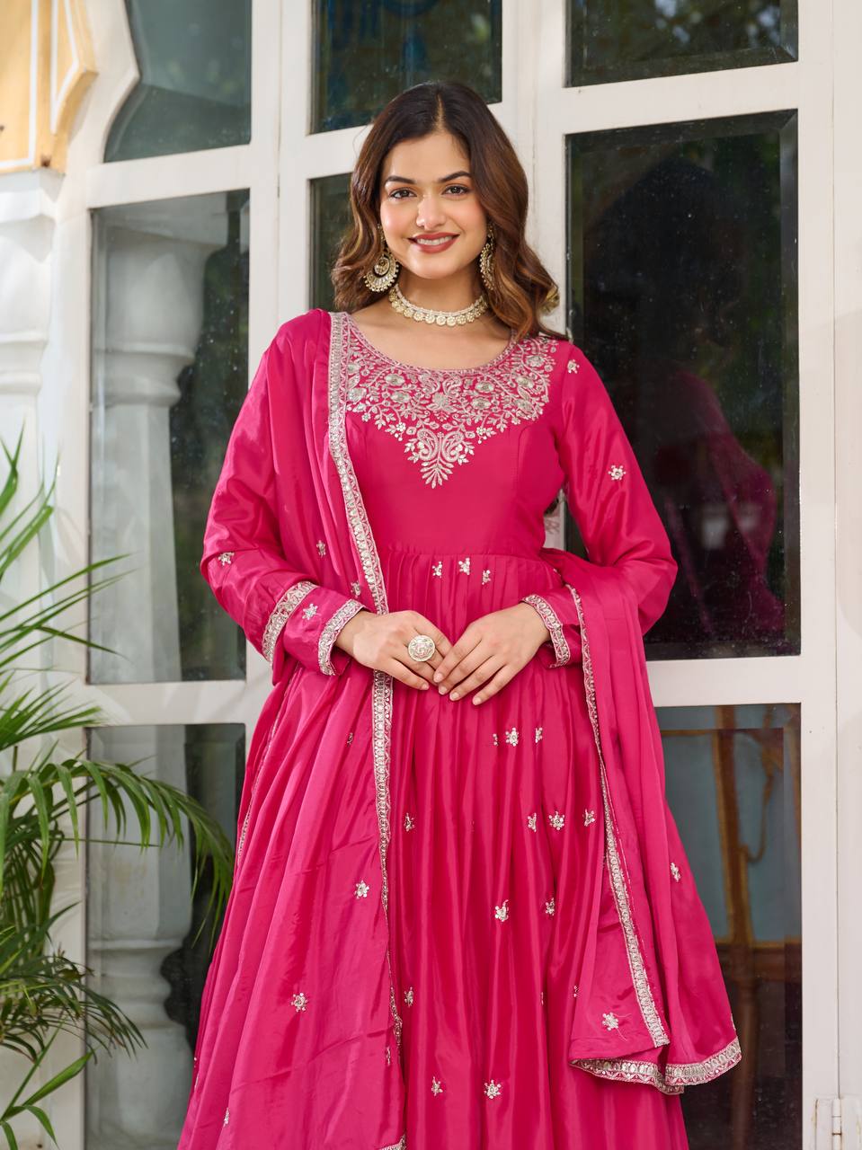 Pink Silk Anarkali Suit Set With Dupatta