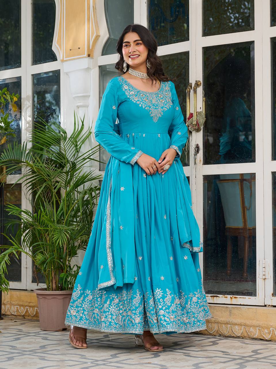 Teal Silk Anarkali Suit Set With Dupatta
