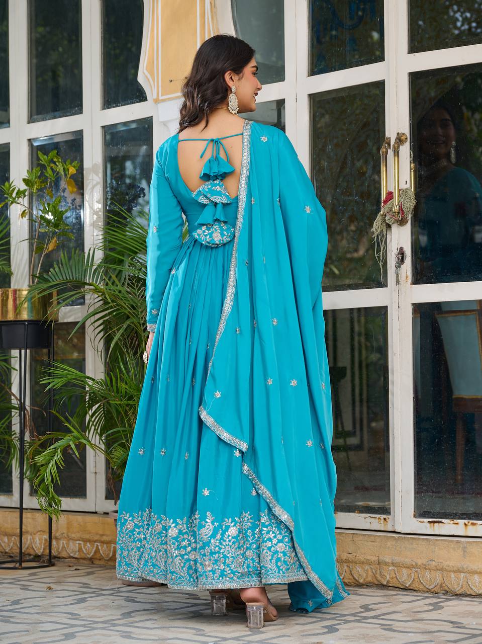 Teal Silk Anarkali Suit Set With Dupatta