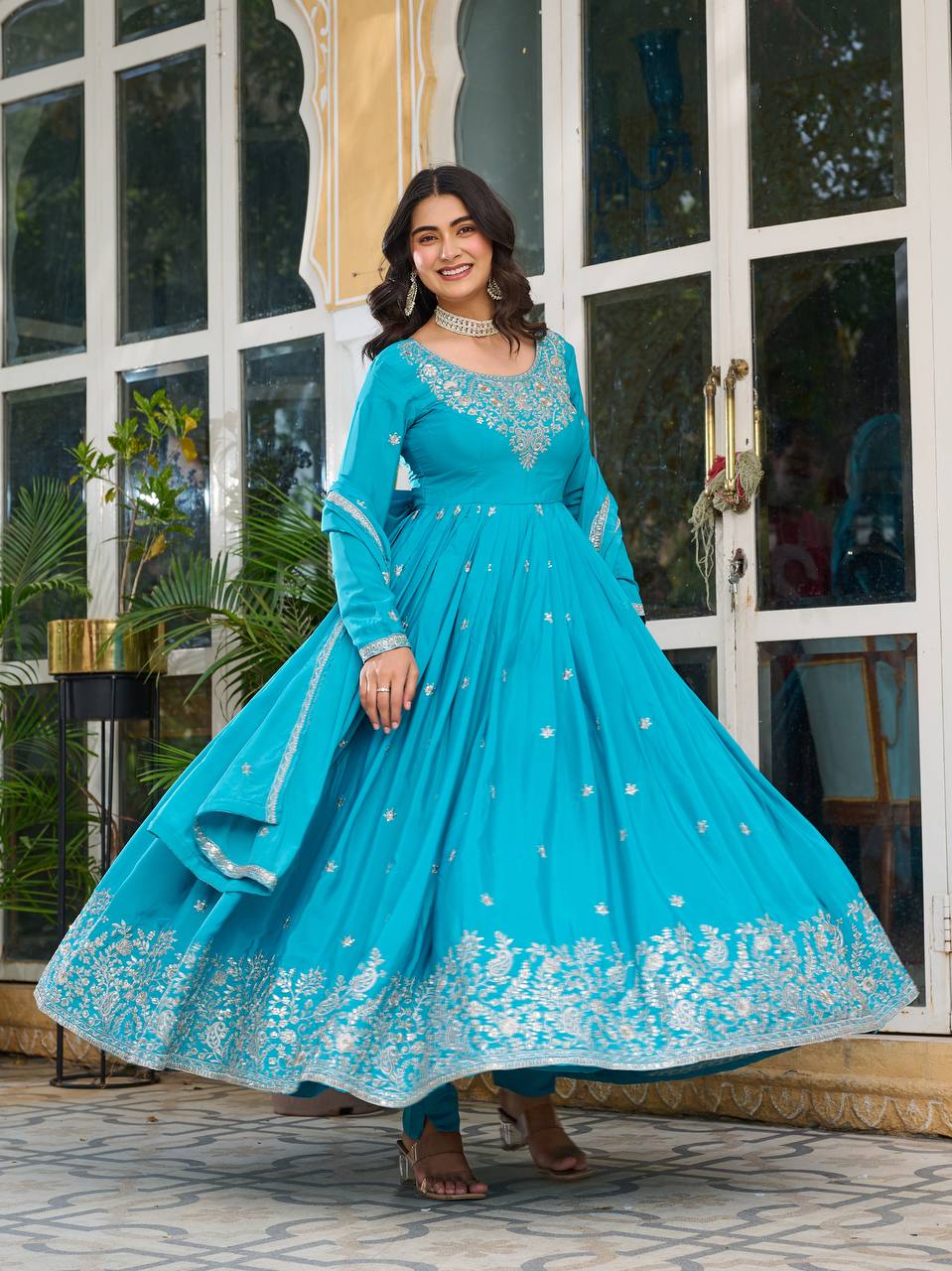 Teal Silk Anarkali Suit Set With Dupatta