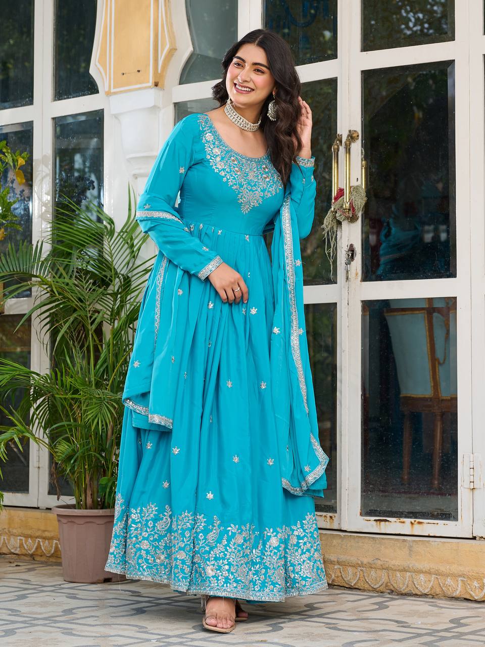 Teal Silk Anarkali Suit Set With Dupatta