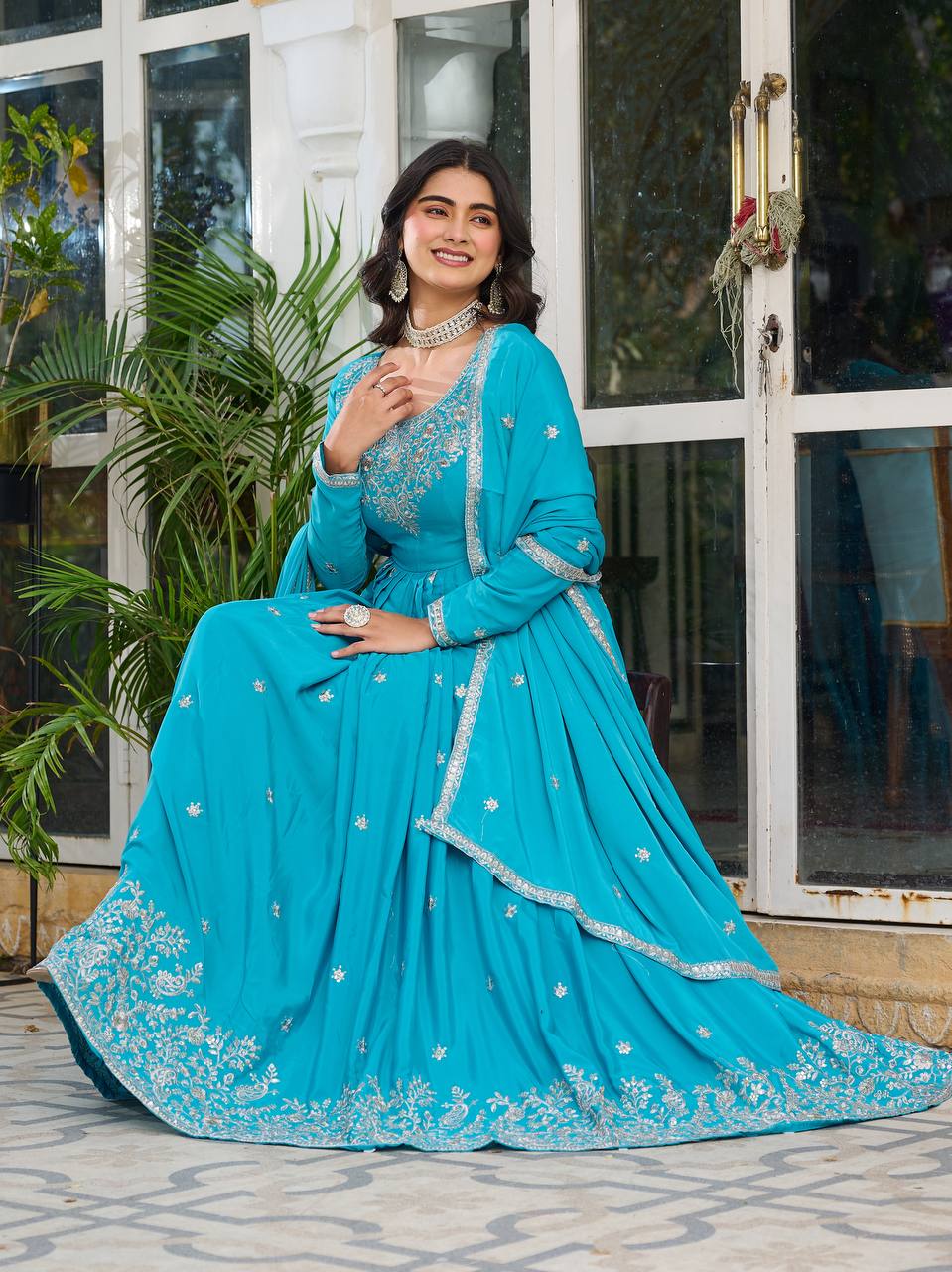 Teal Silk Anarkali Suit Set With Dupatta