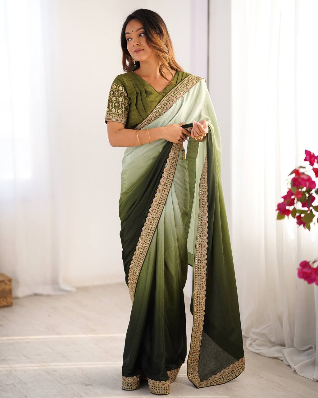 Lace Work Chinon Green Saree