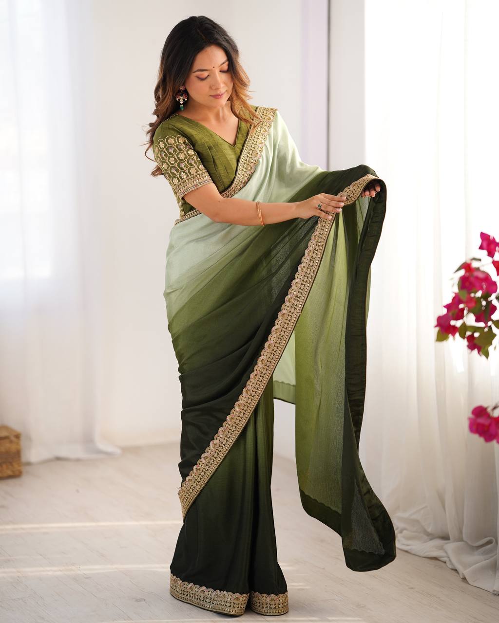 Lace Work Chinon Green Saree