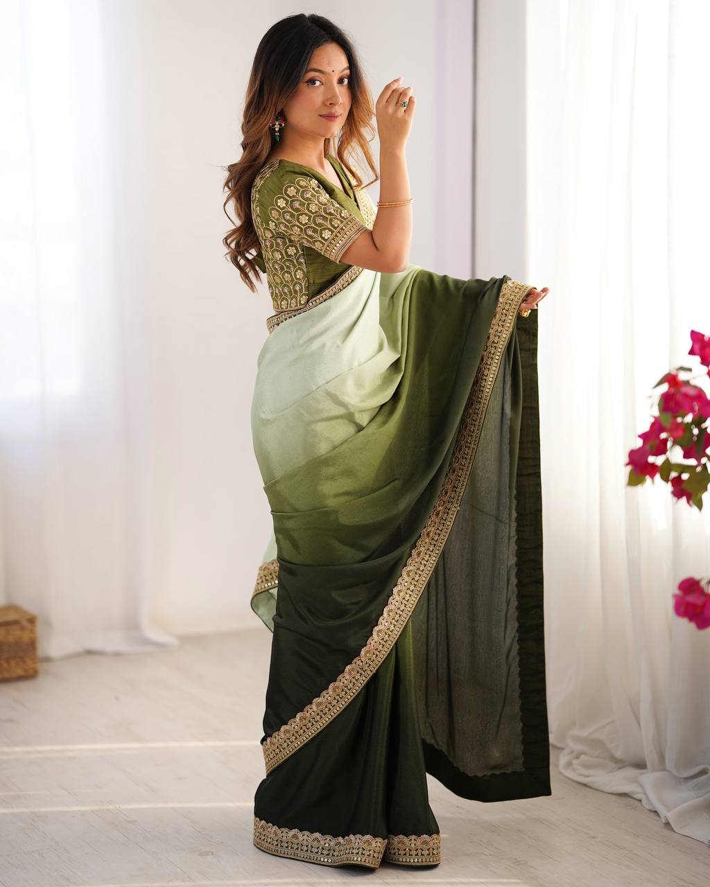 Lace Work Chinon Green Saree