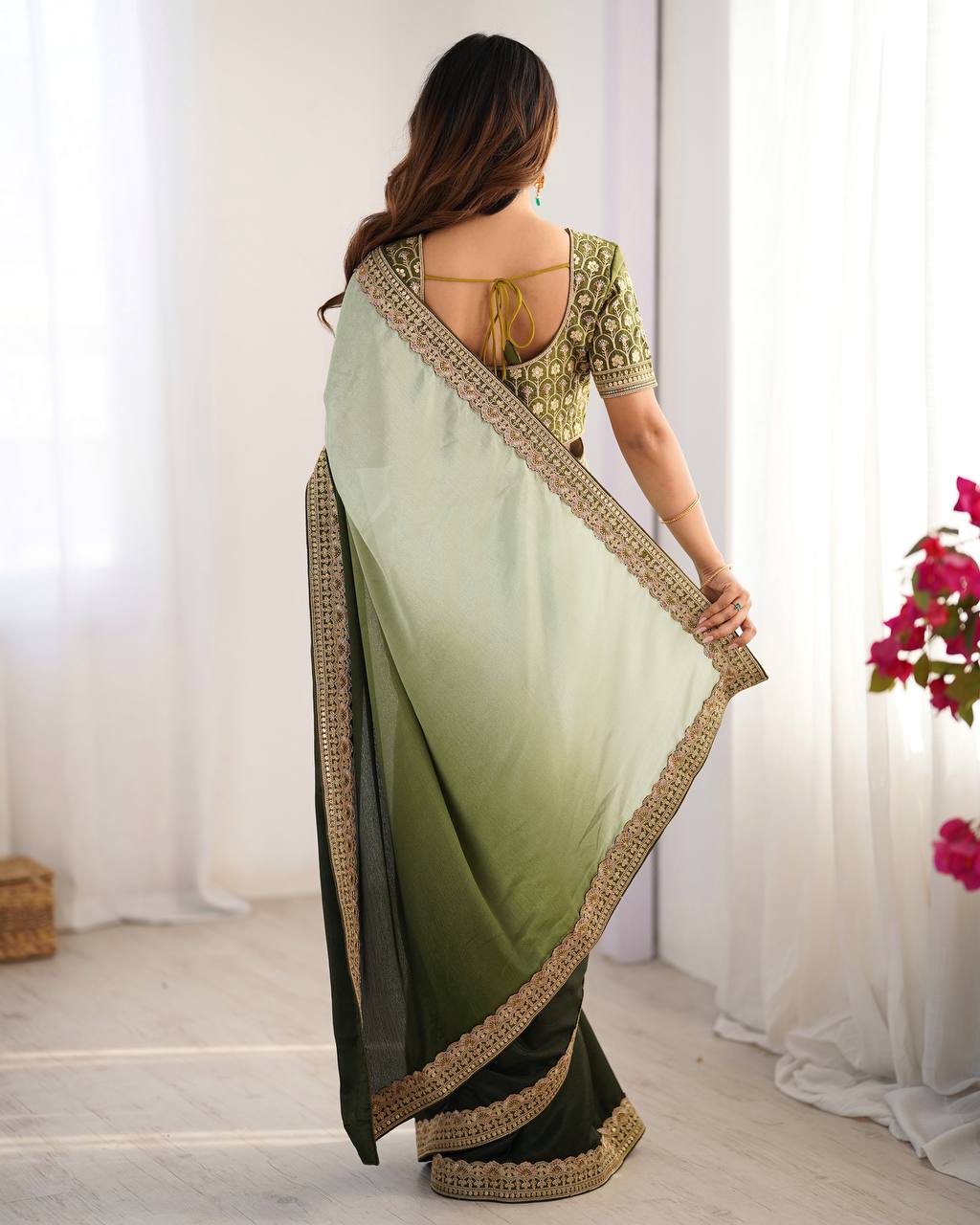 Lace Work Chinon Green Saree