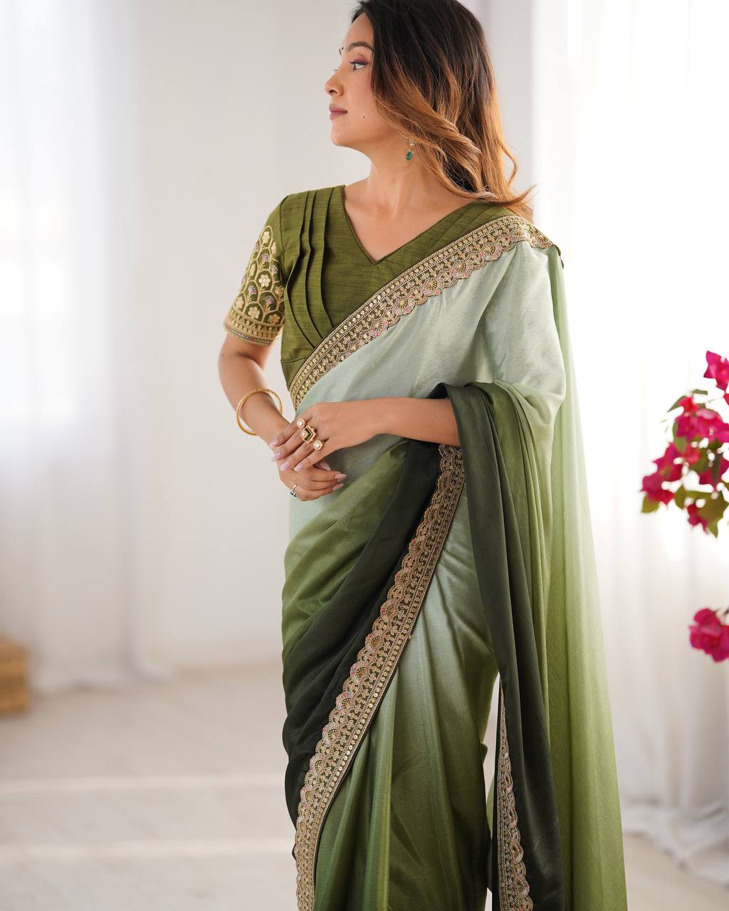Lace Work Chinon Green Saree