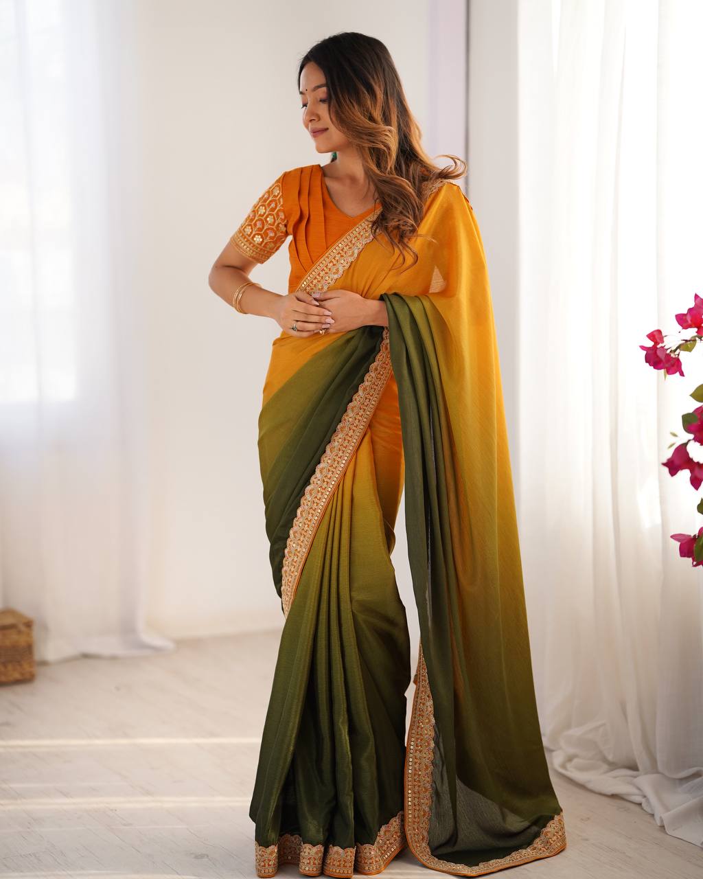 Lace Work Chinon Yellow & Green Saree
