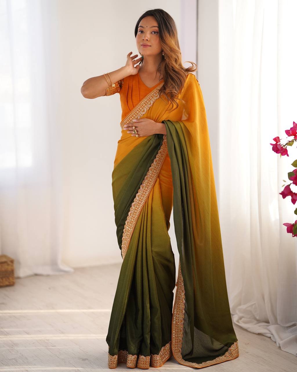 Lace Work Chinon Yellow & Green Saree
