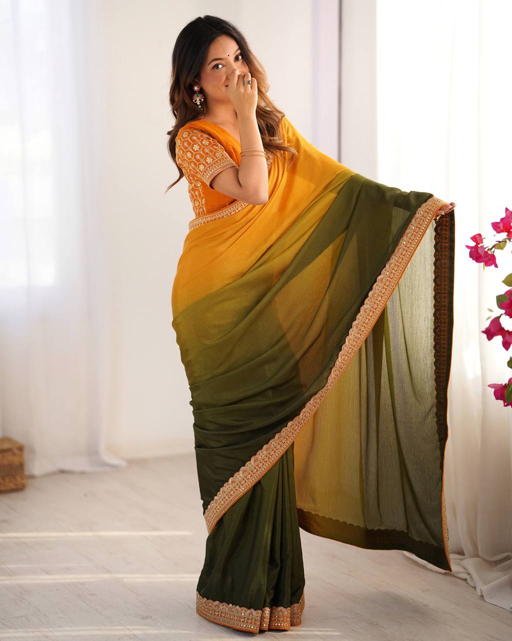 Lace Work Chinon Yellow & Green Saree