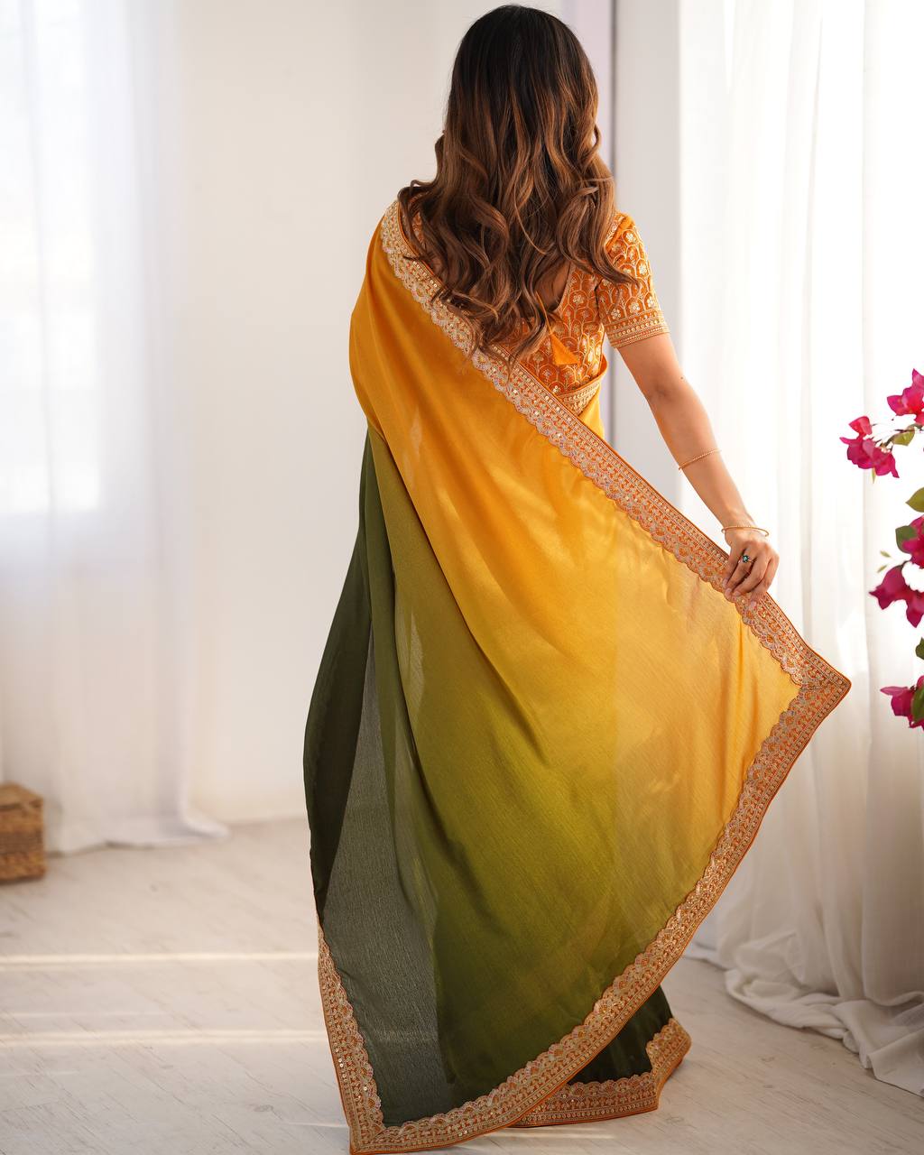 Lace Work Chinon Yellow & Green Saree